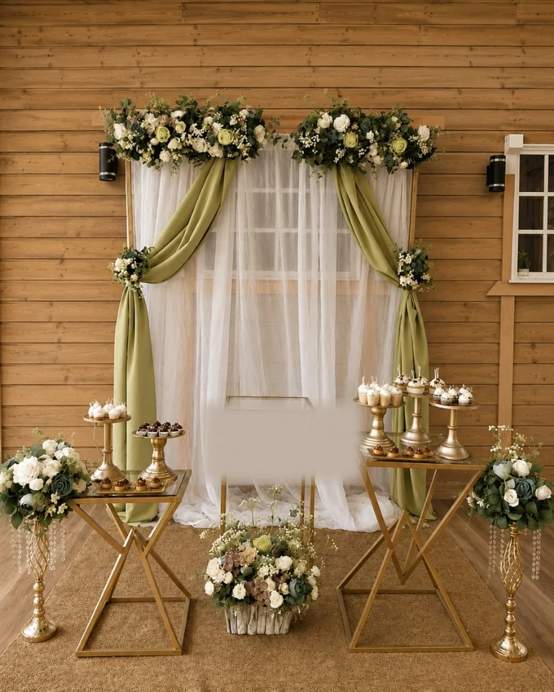 Mesa de postres con arco floral verde sage y cortinas blancas, montada por Magasin Victoria en cabaña de madera